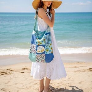 Beach Slouchy Tote Bag Vintage Patchwork Handmade